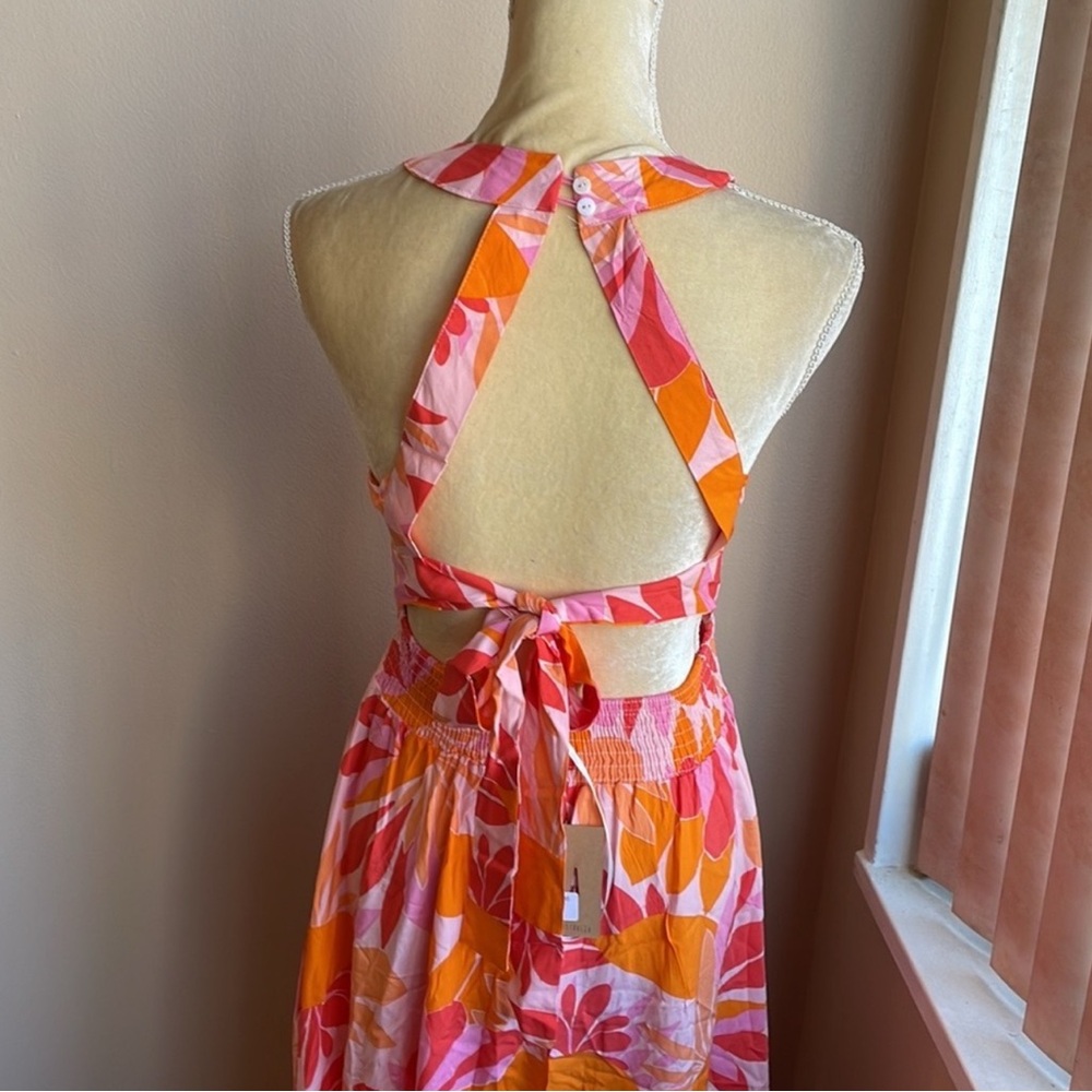 Anthropologie Abel the Label Floral Maxi Dress with Tie back- Orange and Pink XS - Picture 3 of 9